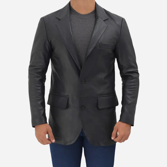 Mens Notch Lapel 2 Buttons Black Lambskin Leather Blazer Verified Leather
