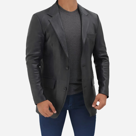 Mens Notch Lapel 2 Buttons Black Lambskin Leather Blazer Verified Leather
