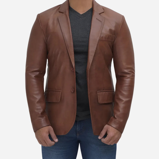 Mens Two Button Tan Leather Blazer - Notch Lapel Verified Leather