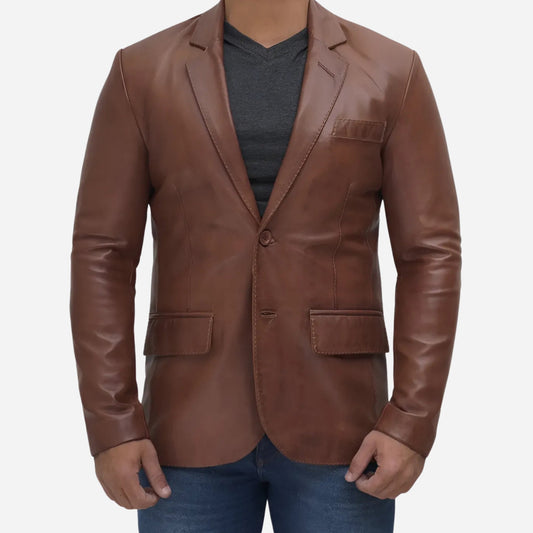 Mens Two Button Tan Leather Blazer - Notch Lapel Verified Leather