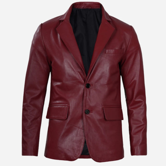 Men's Notch Lapel Maroon Leather Blazer – Two Button Verified Leather