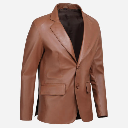 Mens Exclusive Two Button Real Leather Cognac Blazer Verified Leather