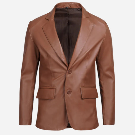 Mens Exclusive Two Button Real Leather Cognac Blazer Verified Leather