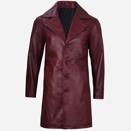 Mens Real Leather 3/4 Length Maroon Coat - Button Down