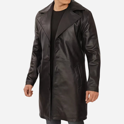 Men's 3/4 Length Black Lambskin Leather Coat