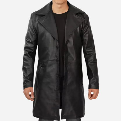 Men's 3/4 Length Black Lambskin Leather Coat