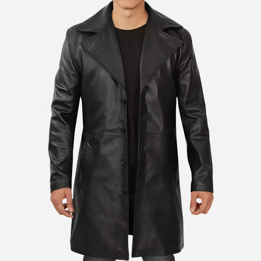 Men's 3/4 Length Black Lambskin Leather Coat
