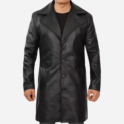 Men's 3/4 Length Black Lambskin Leather Coat