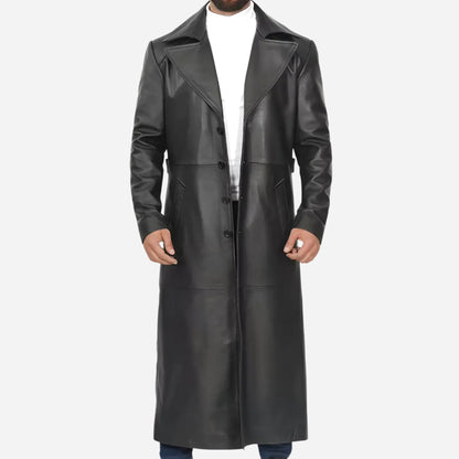 Men's Full-Length Black Leather Coat - Duster Coat Verified Leather