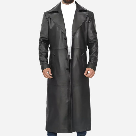 Men's Full-Length Black Leather Coat - Duster Coat