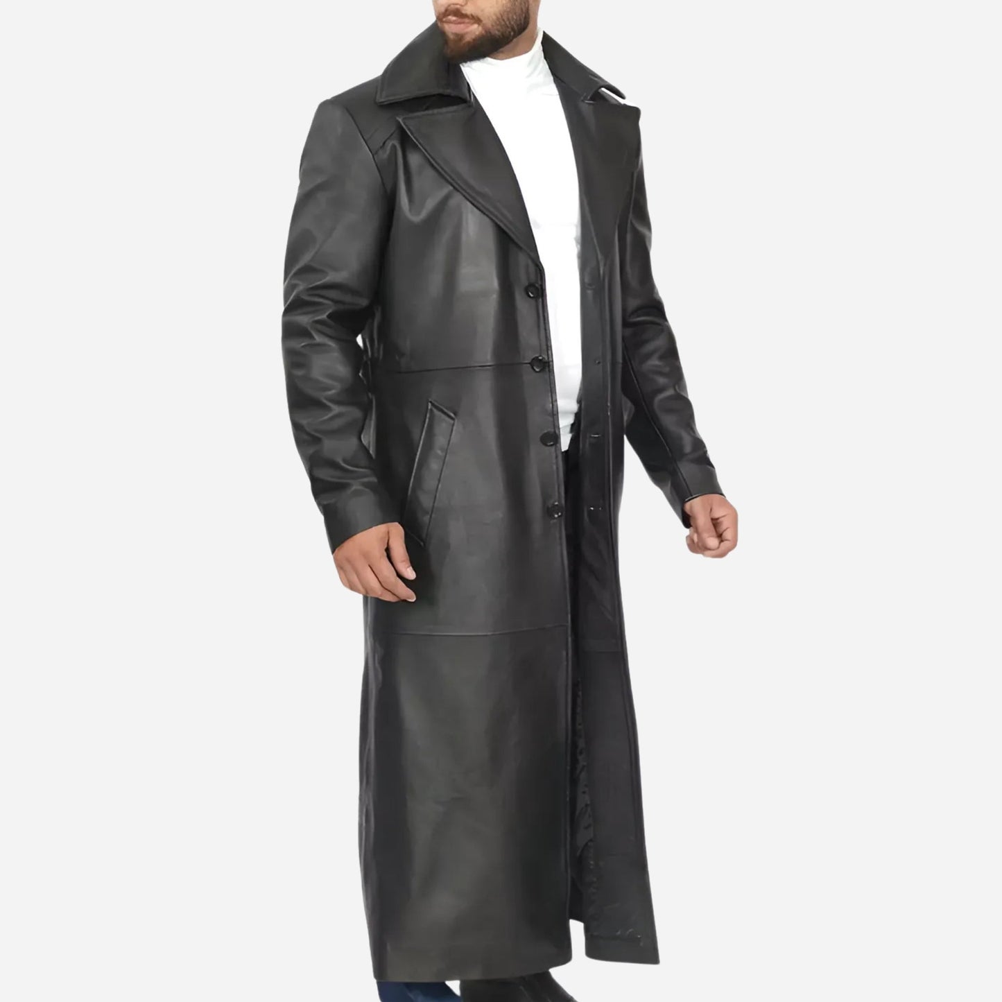 Men's Full-Length Black Leather Coat - Duster Coat Verified Leather