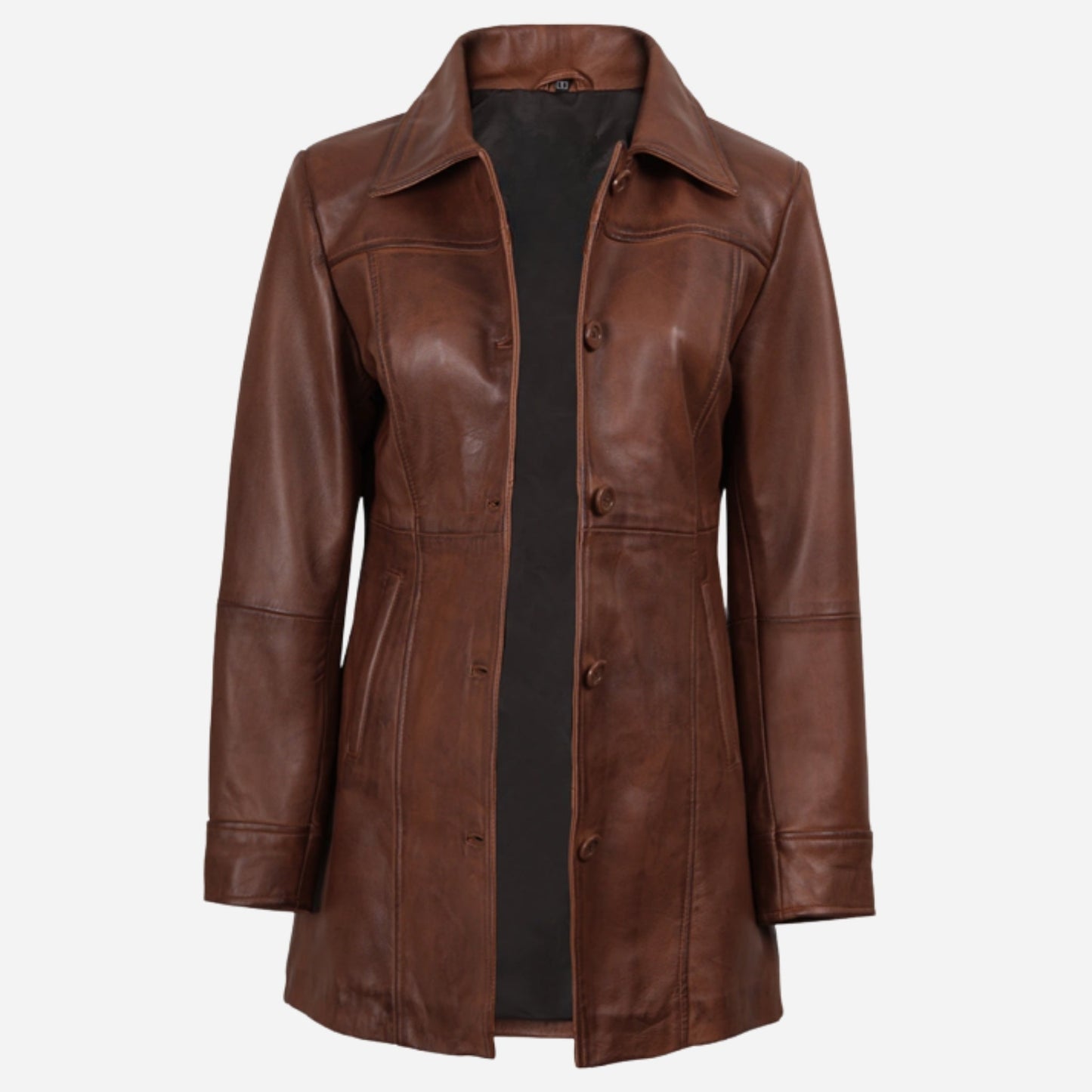 Womens Cognac 3/4 Length Button Down Leather Coat Verified Leather