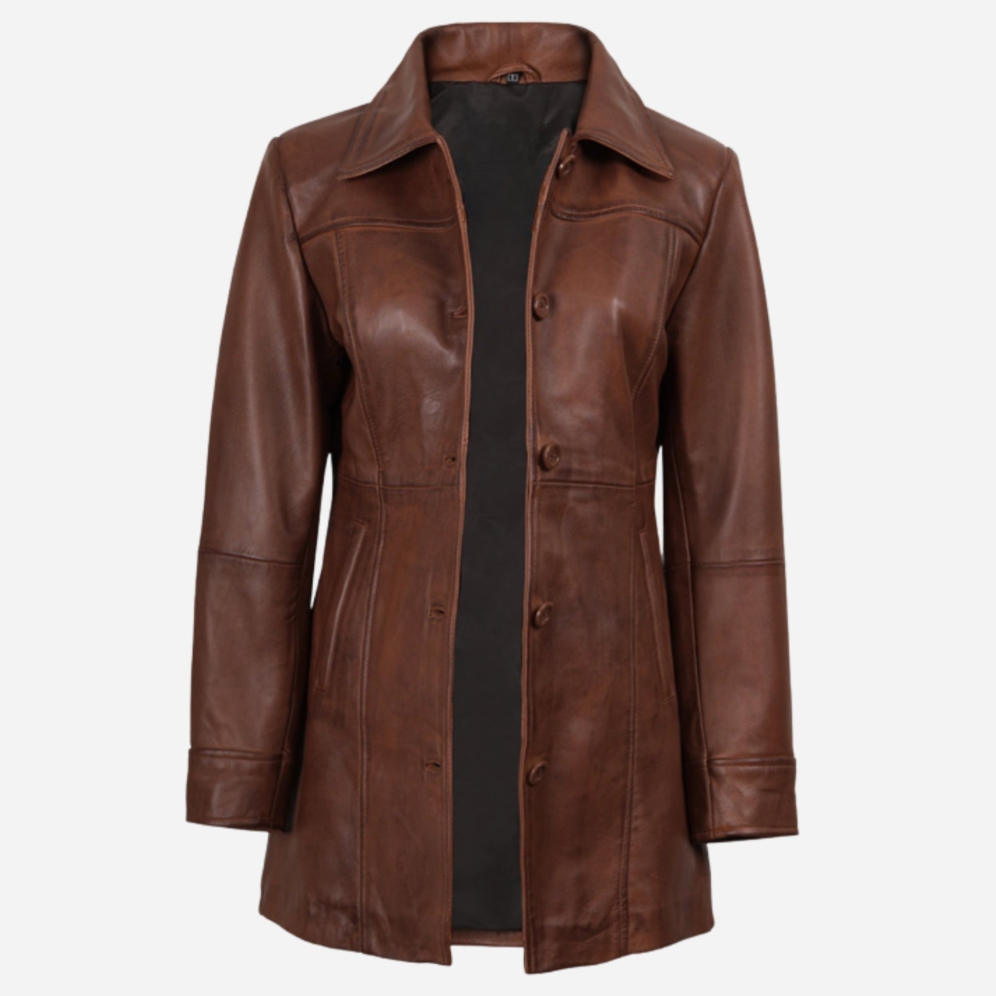 Womens Cognac 3/4 Length Button Down Leather Coat Verified Leather