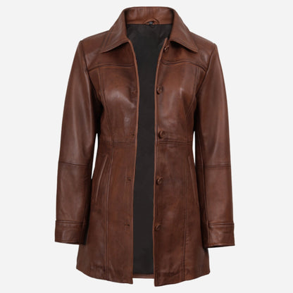 Womens Cognac 3/4 Length Button Down Leather Coat Verified Leather