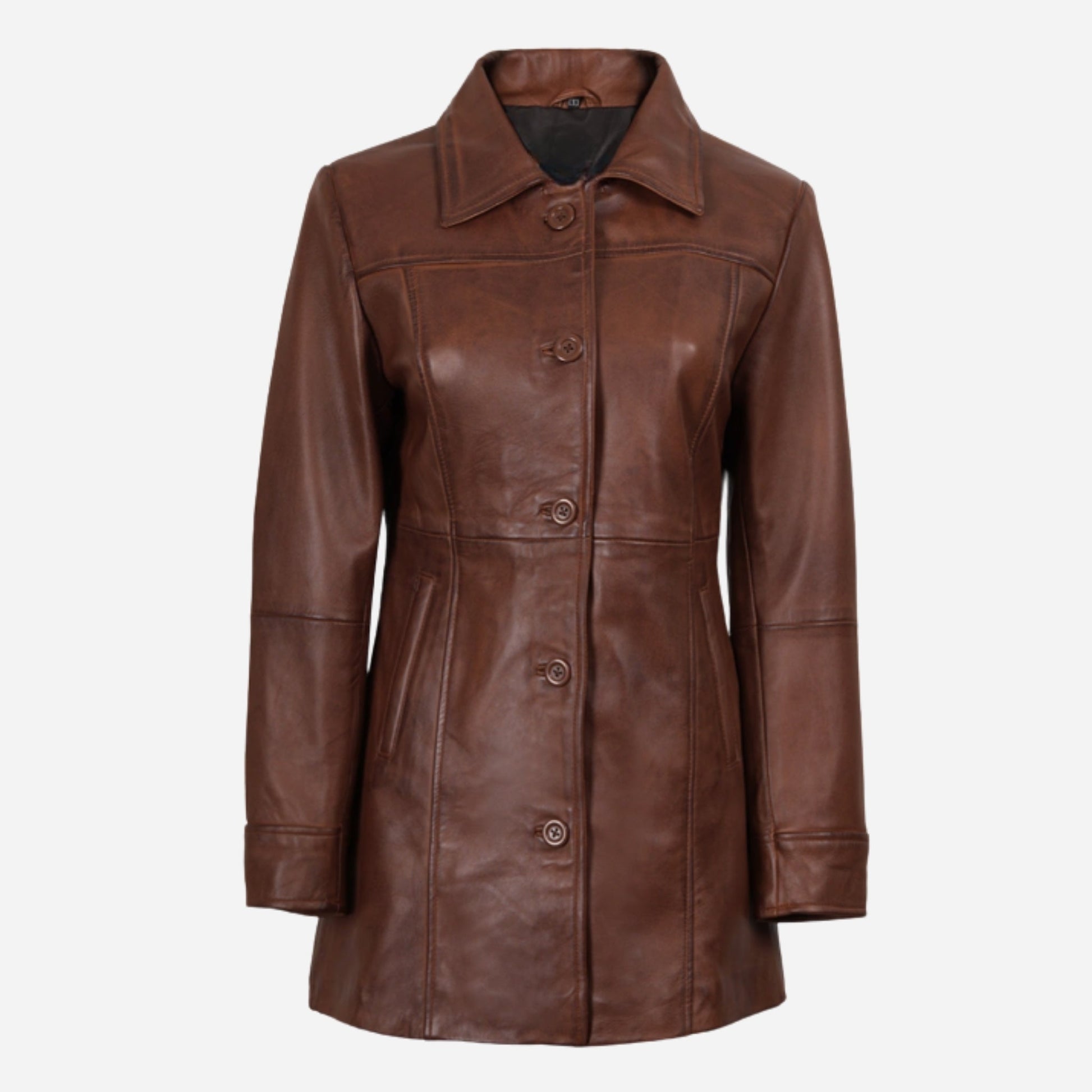 Womens Cognac 3/4 Length Button Down Leather Coat Verified Leather