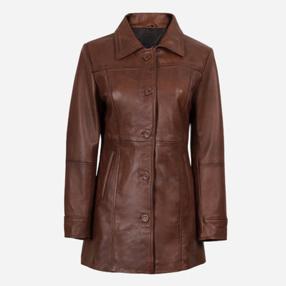 Womens Cognac 3/4 Length Button Down Leather Coat Verified Leather