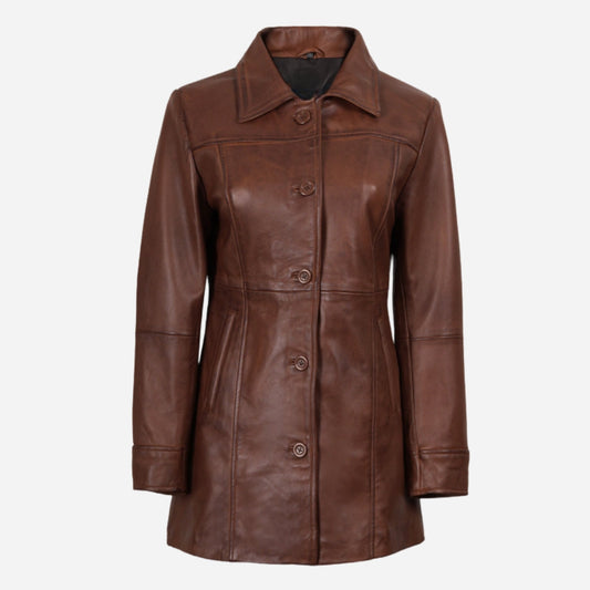 Womens Cognac 3/4 Length Button Down Leather Coat Verified Leather