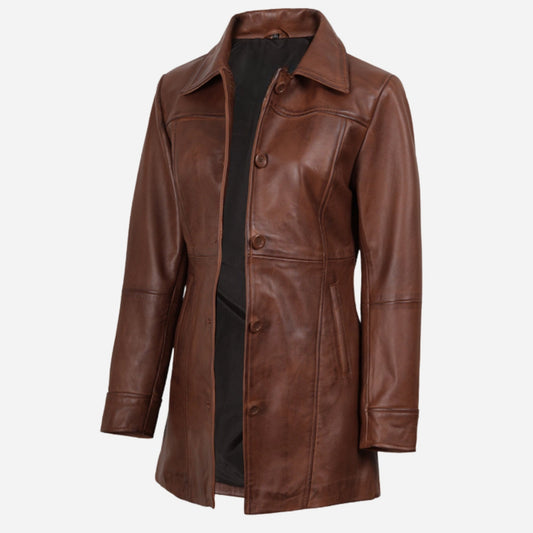 Womens Cognac 3/4 Length Button Down Leather Coat Verified Leather