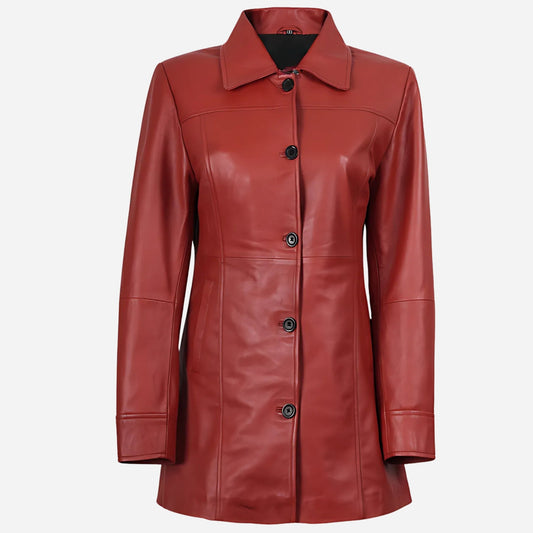 Womens Real Lambskin Leather Red Car Coat Verified Leather