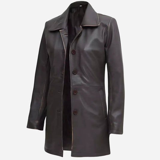 Women's Real Leather Distressed Brown 3/4 Length Coat Verified Leather