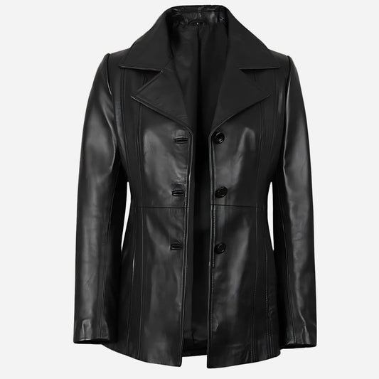 Bitonto Womens 3/4 Length Black Leather Coat Verified Leather