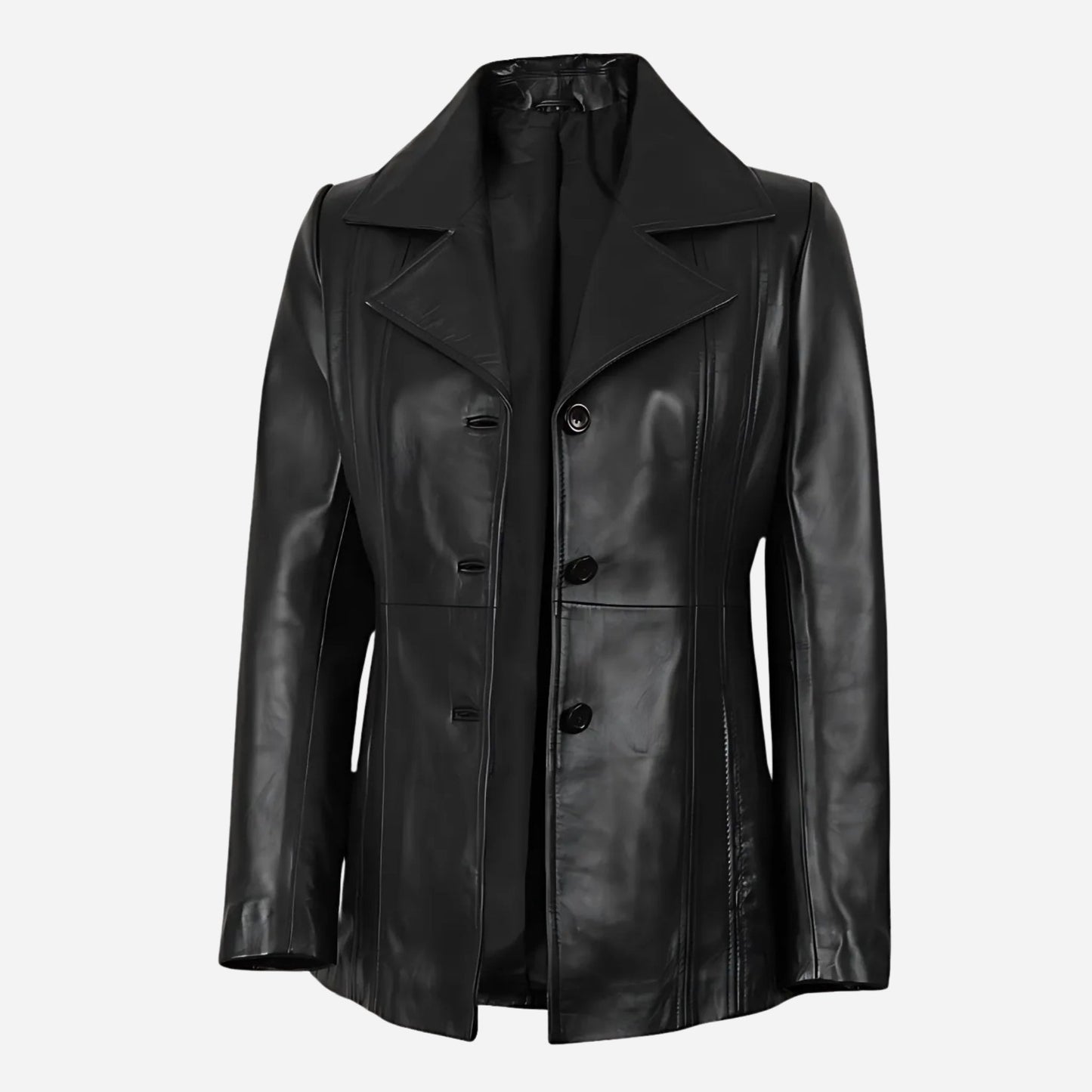 Bitonto Womens 3/4 Length Black Leather Coat Verified Leather