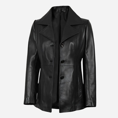 Bitonto Womens 3/4 Length Black Leather Coat Verified Leather