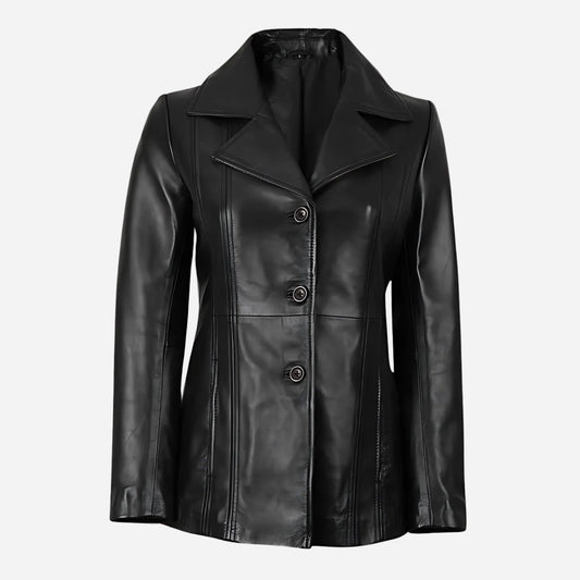 Bitonto Womens 3/4 Length Black Leather Coat Verified Leather