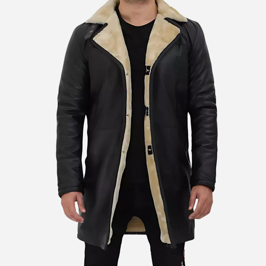 Men's Black 3/4 Length Shearling Leather Coat