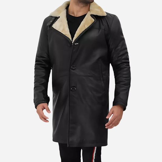 Men's Black 3/4 Length Shearling Leather Coat