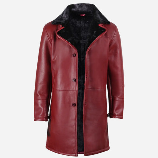 Men's Maroon Leather Coat with Black Shearling