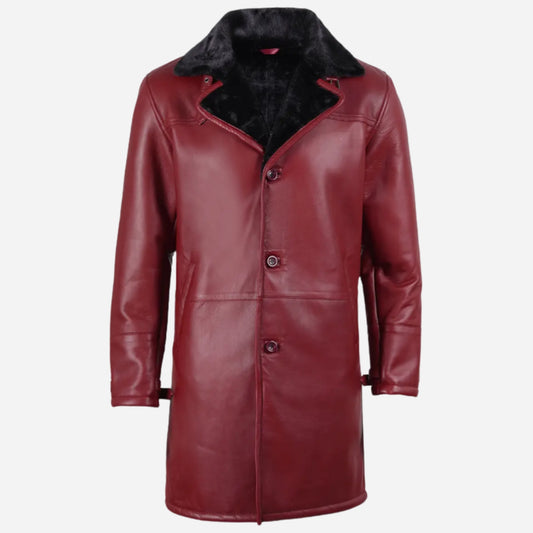 Men's Maroon Leather Coat with Black Shearling
