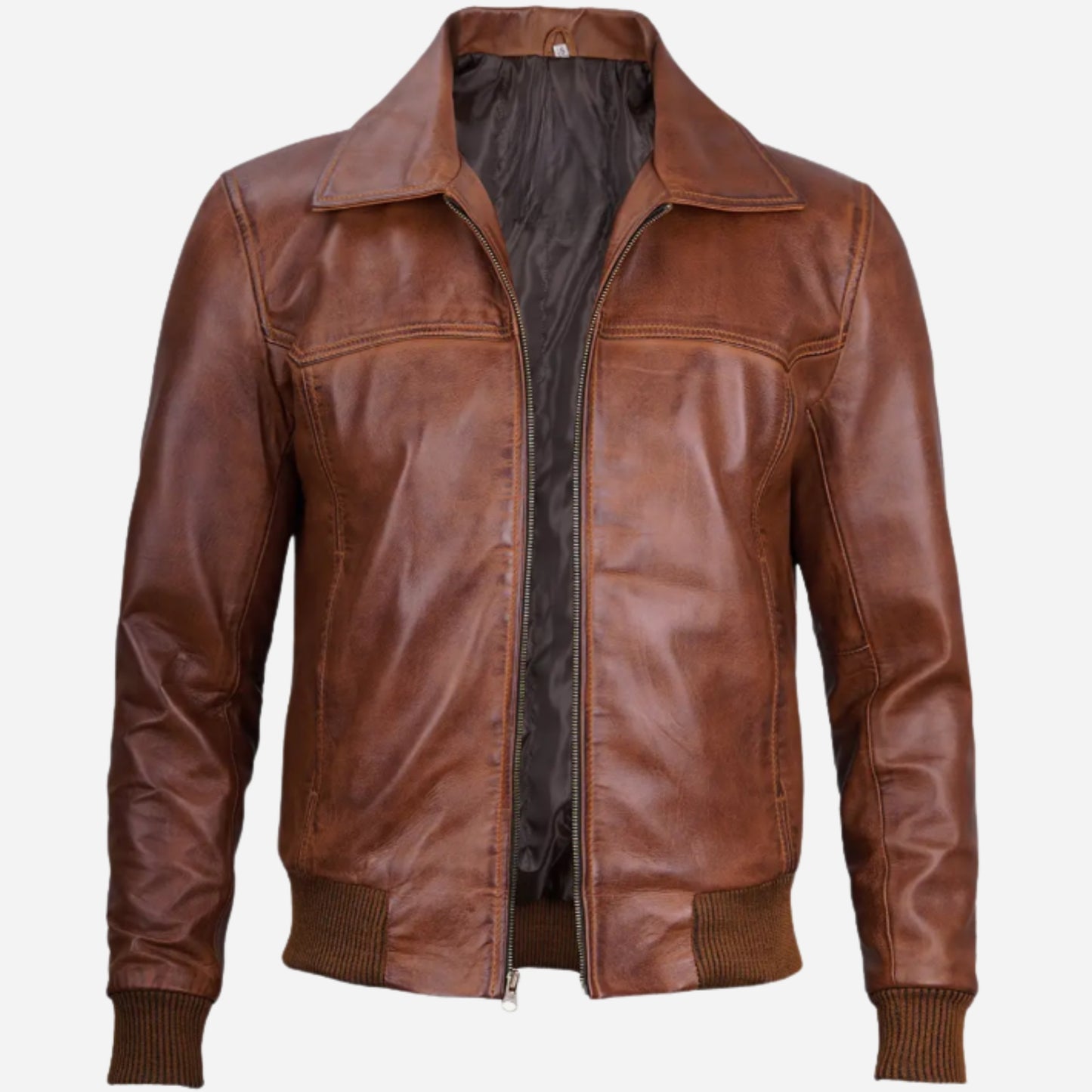 Men's Brown Shirt Collar Leather Bomber Jacket