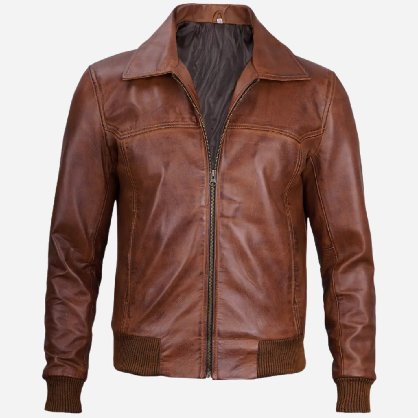 Men's Brown Shirt Collar Leather Bomber Jacket
