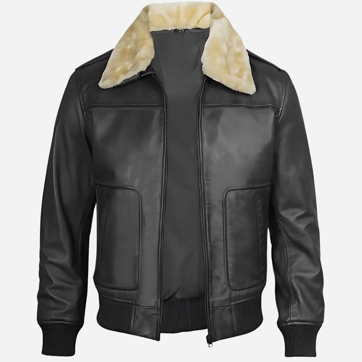 Men's Fur Collar Black Bomber Leather Jacket