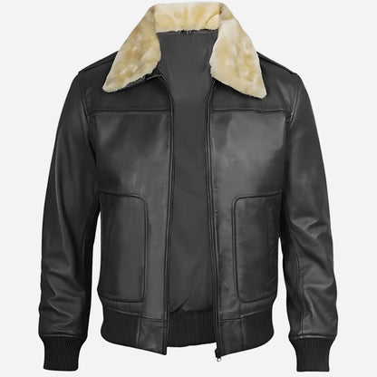 Men's Fur Collar Black Bomber Leather Jacket