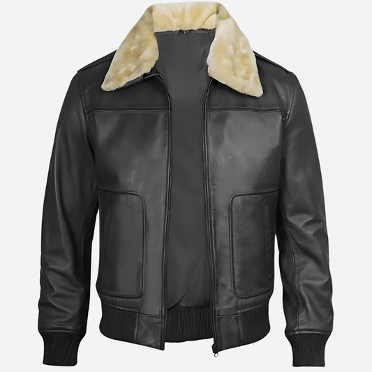 Men's Fur Collar Black Bomber Leather Jacket
