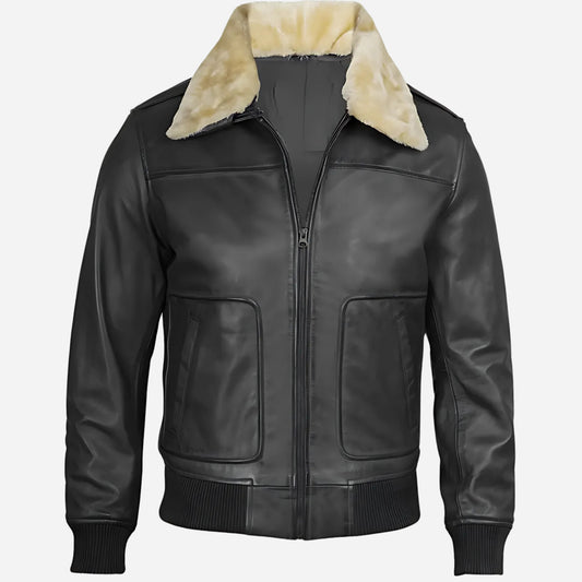 Men's Fur Collar Black Bomber Leather Jacket