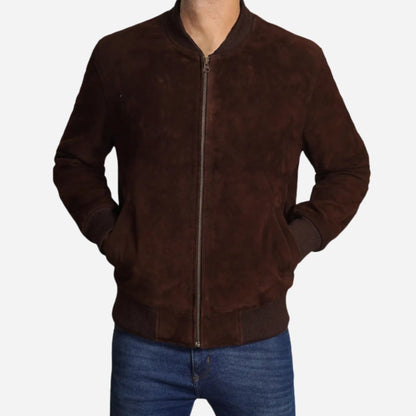 Men's Dark Brown Suede Bomber Jacket Verified Leather