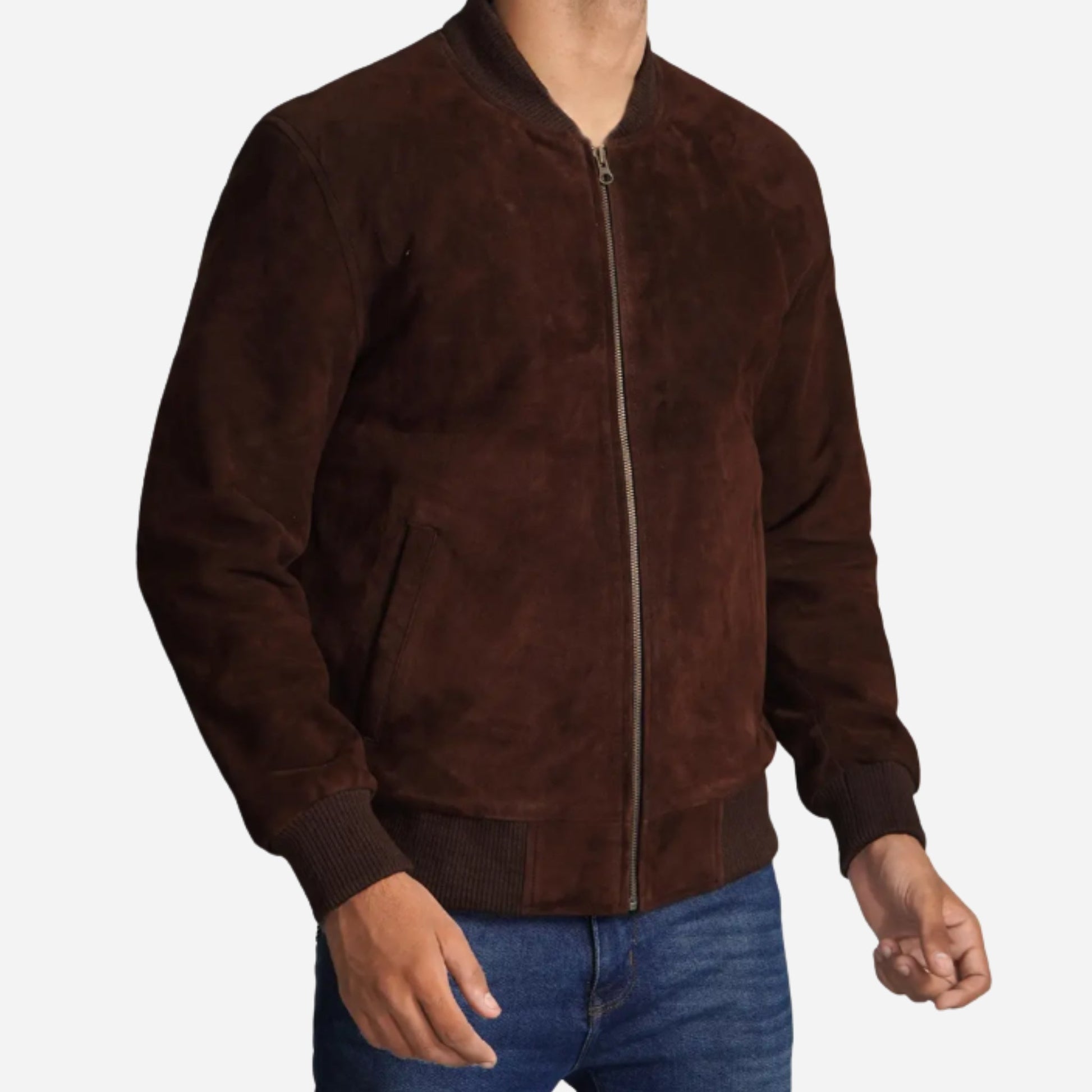 Men's Dark Brown Suede Bomber Jacket Verified Leather