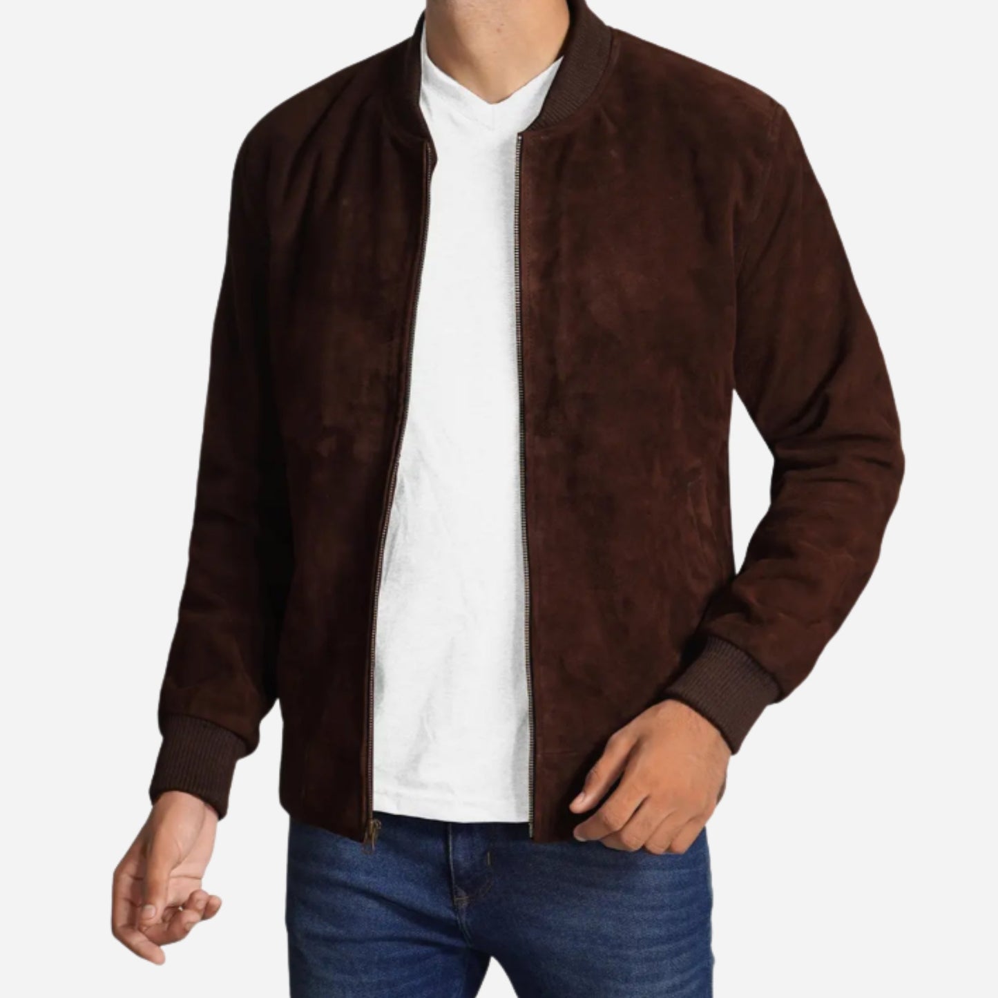Men's Dark Brown Suede Bomber Jacket Verified Leather