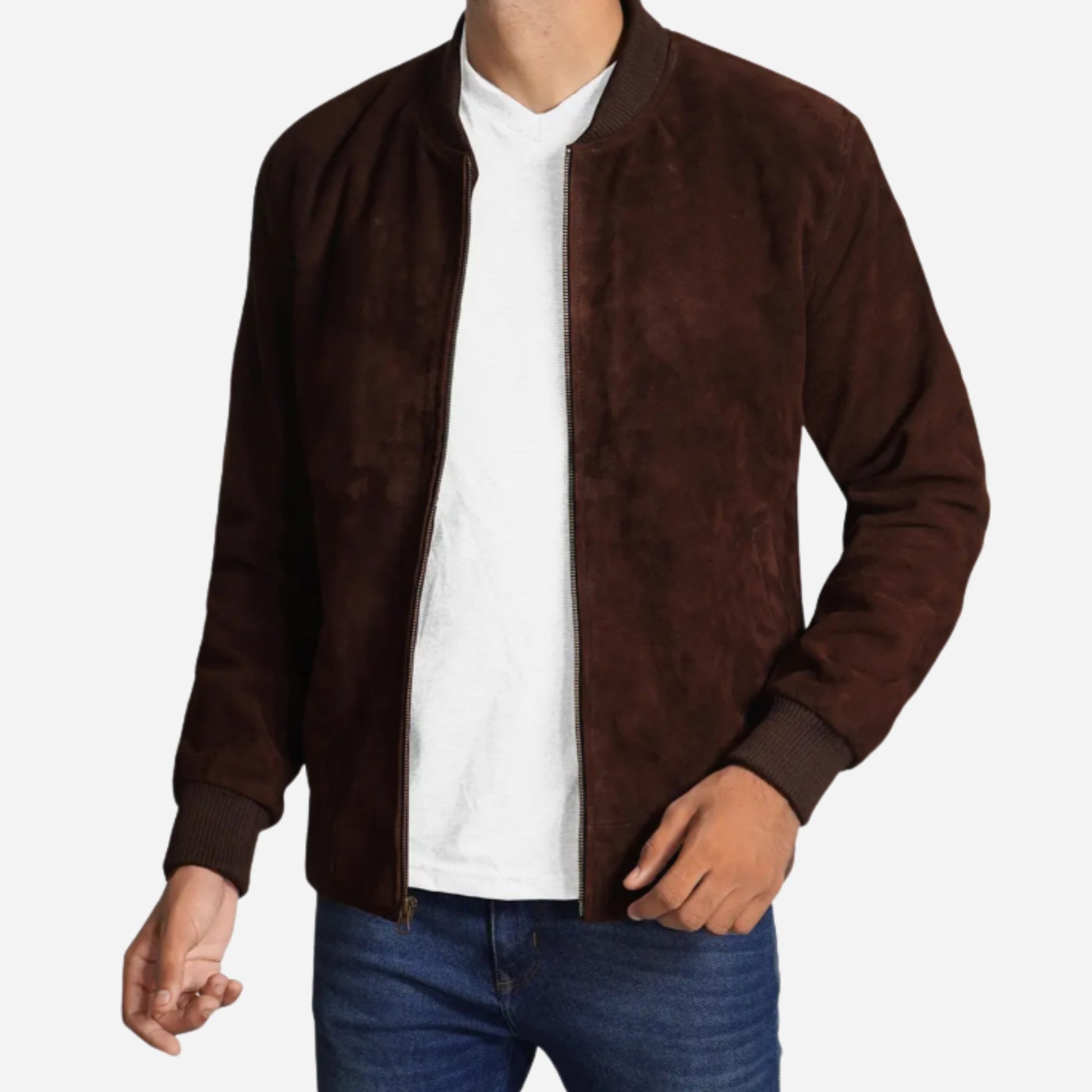 Men's Dark Brown Suede Bomber Jacket Verified Leather