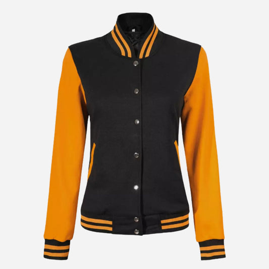 Women’s Black and Yellow Varsity Bomber Jacket Verified Leather