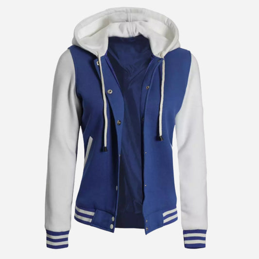 Women's Royal Blue and White Hooded Letterman Jacket Verified Leather