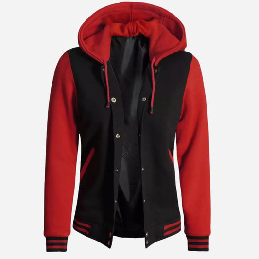 Women's Black and Red Hooded Varsity Jacket Verified Leather