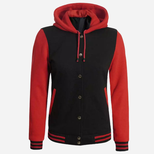 Women's Black and Red Hooded Varsity Jacket Verified Leather