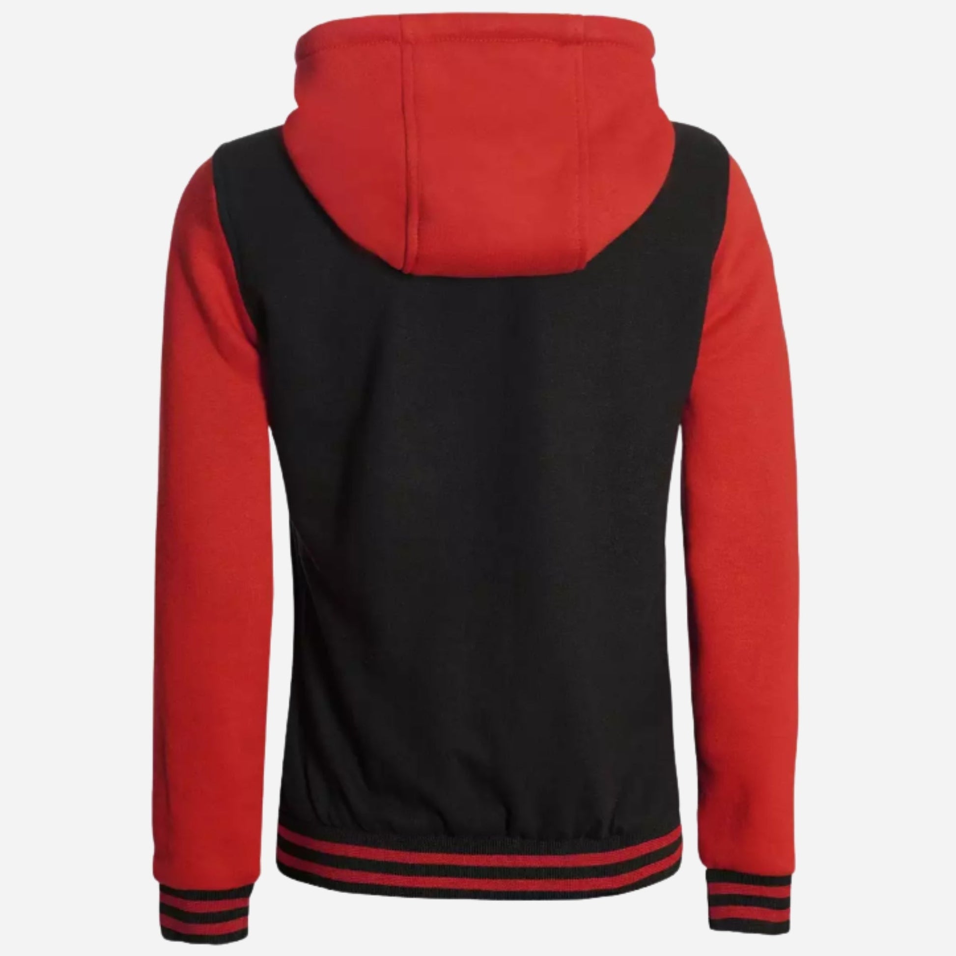 Women's Black and Red Hooded Varsity Jacket Verified Leather