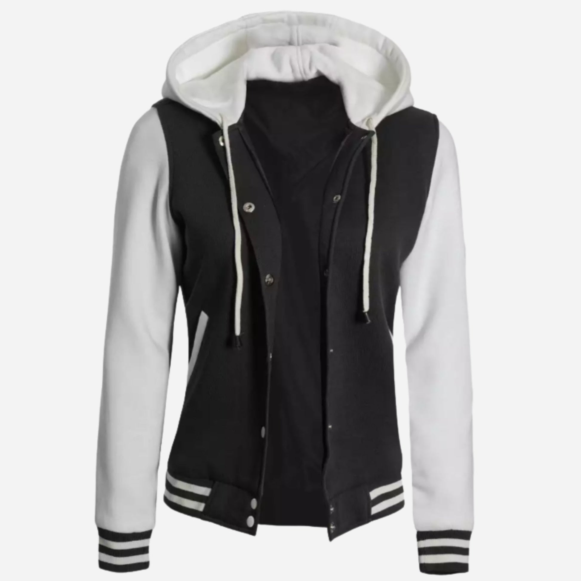 Women's Black and White Hooded Varsity Jacket Verified Leather