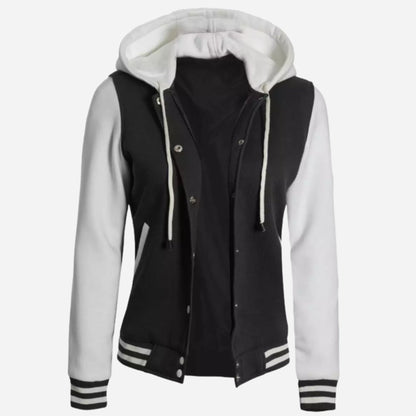 Women's Black and White Hooded Varsity Jacket Verified Leather