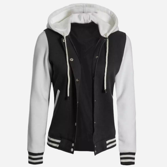Women's Black and White Hooded Varsity Jacket Verified Leather